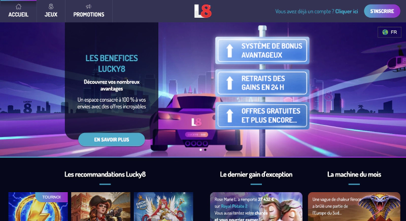 Ecran d'accueil du casino en ligne Lucky8 en France : inscription, connexion